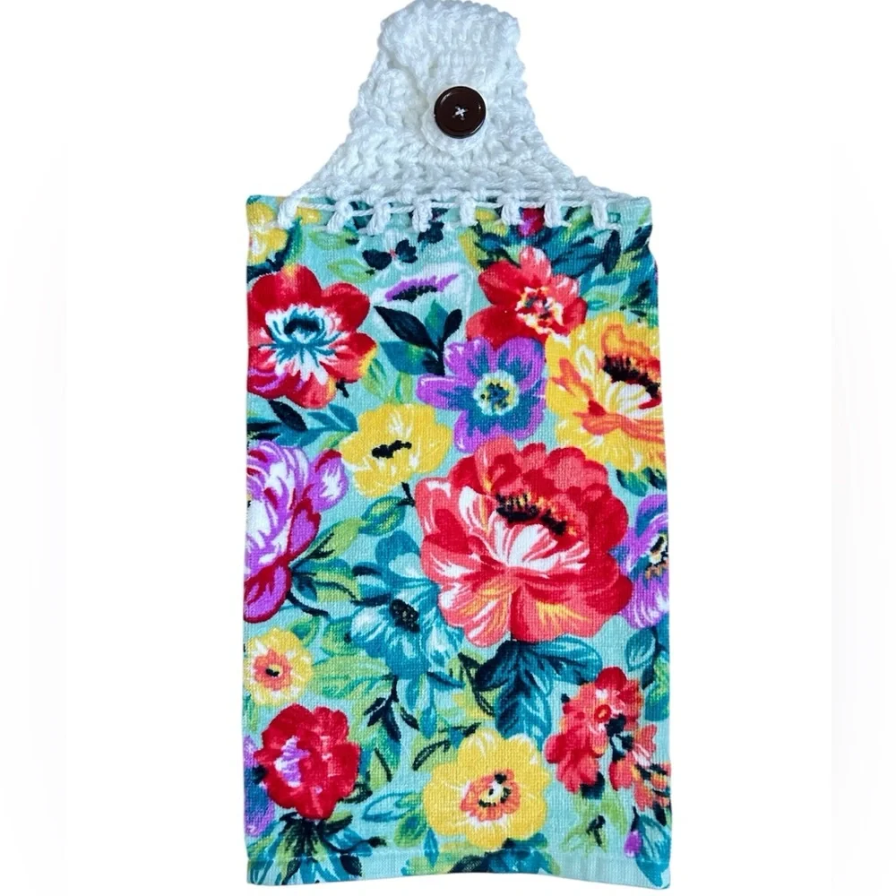 Hand Crafted Colorful Floral Hanging Kitchen Hand Towel with Button Closure